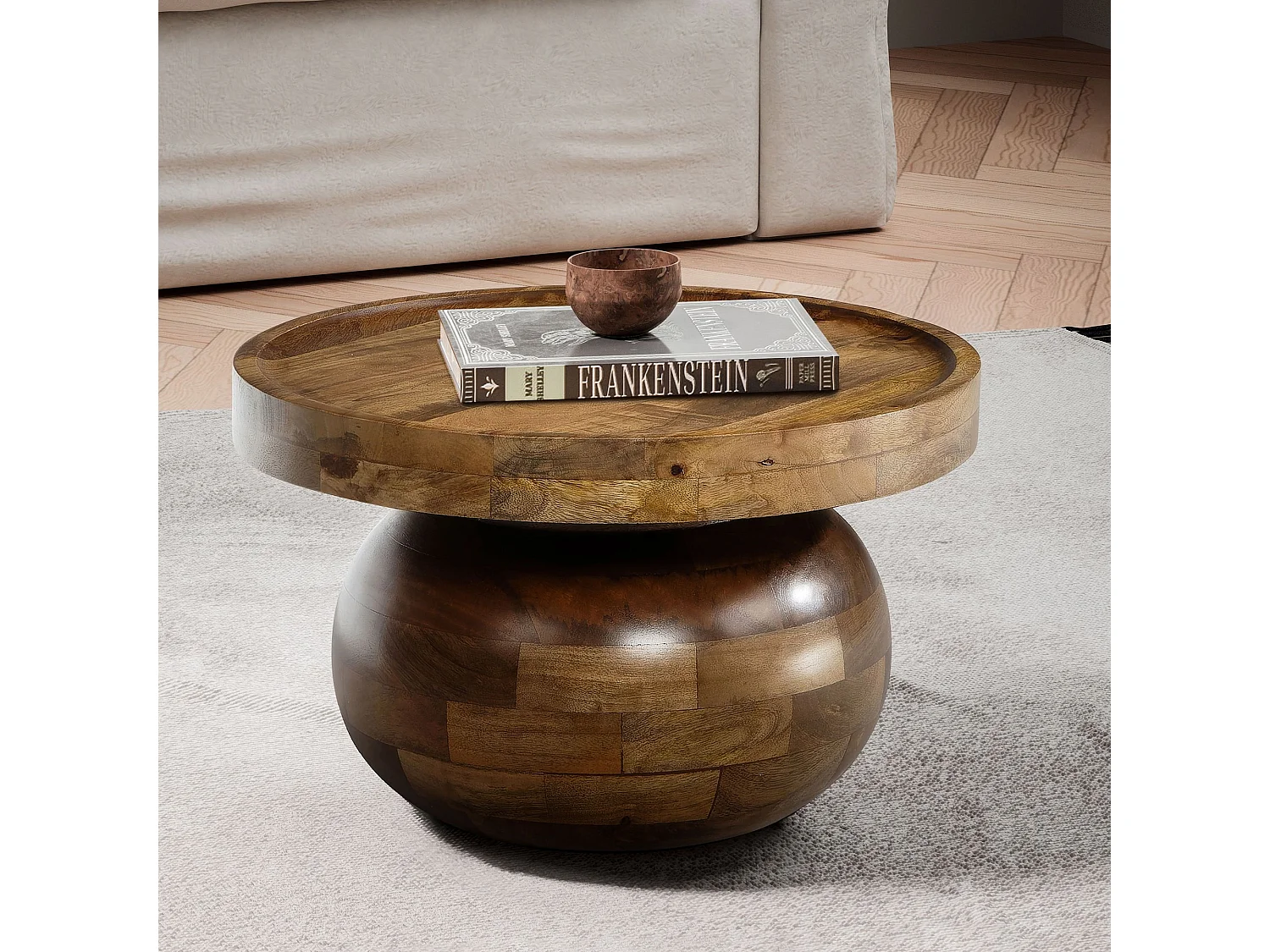 Couchtisch 50x50x30,5 cm Mango Massivholz Walnussfarben Sofatisch Rund, Design Wohnzimmertisch