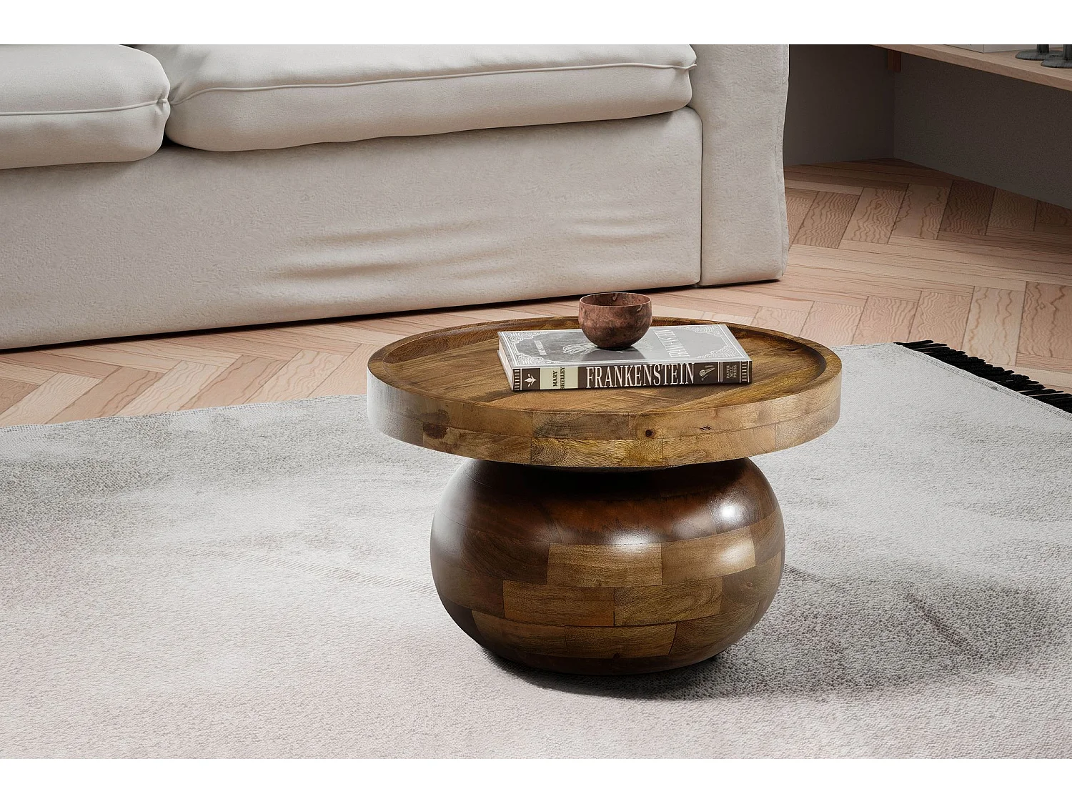 Couchtisch 50x50x30,5 cm Mango Massivholz Walnussfarben Sofatisch Rund, Design Wohnzimmertisch