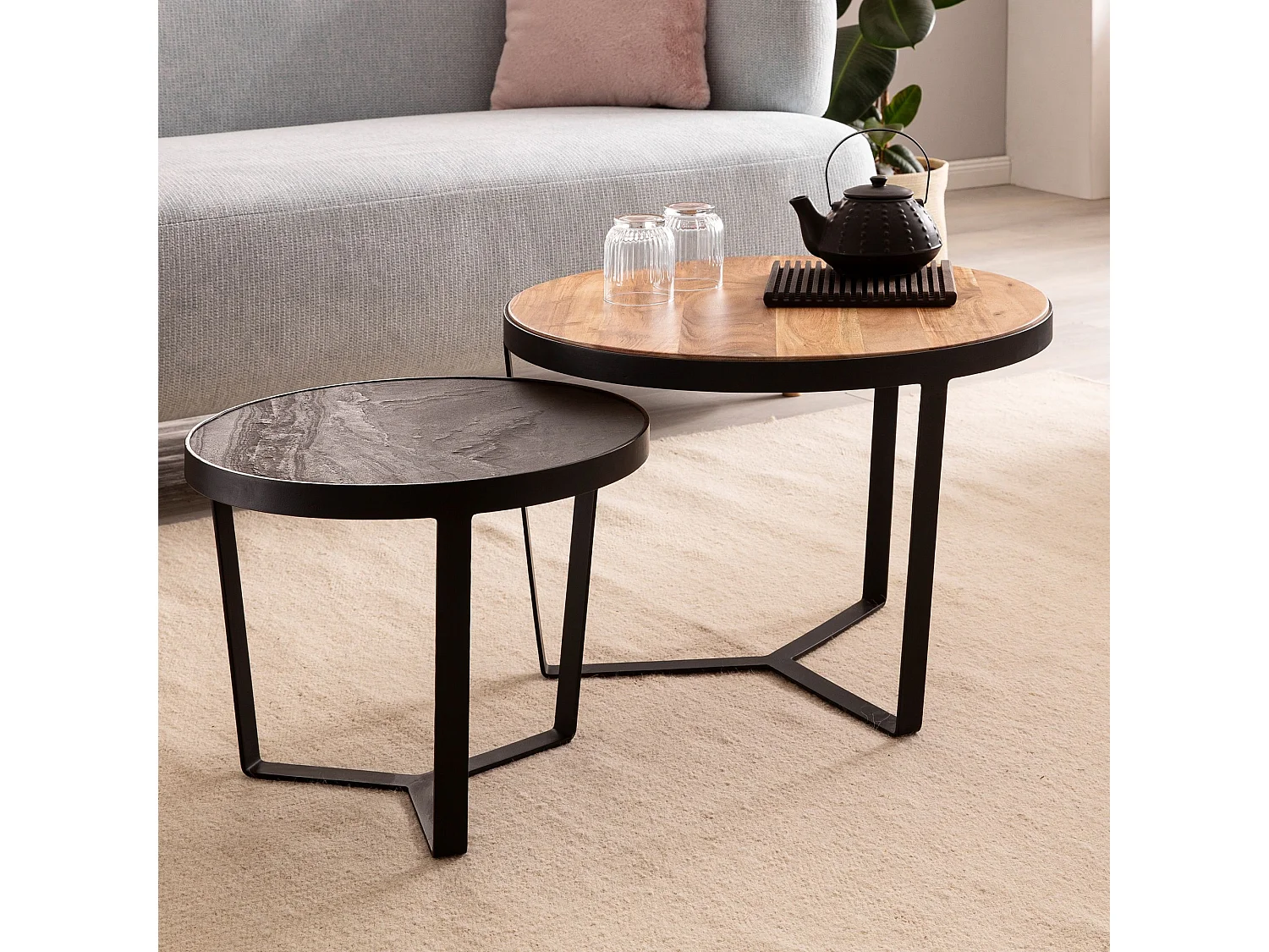 Salontafelset van 2 massief acaciahout / steenlook woonkamertafel rond | Bijzettafel met metalen frame | Salontafel modern | Salontafel nesttafel 2 delen