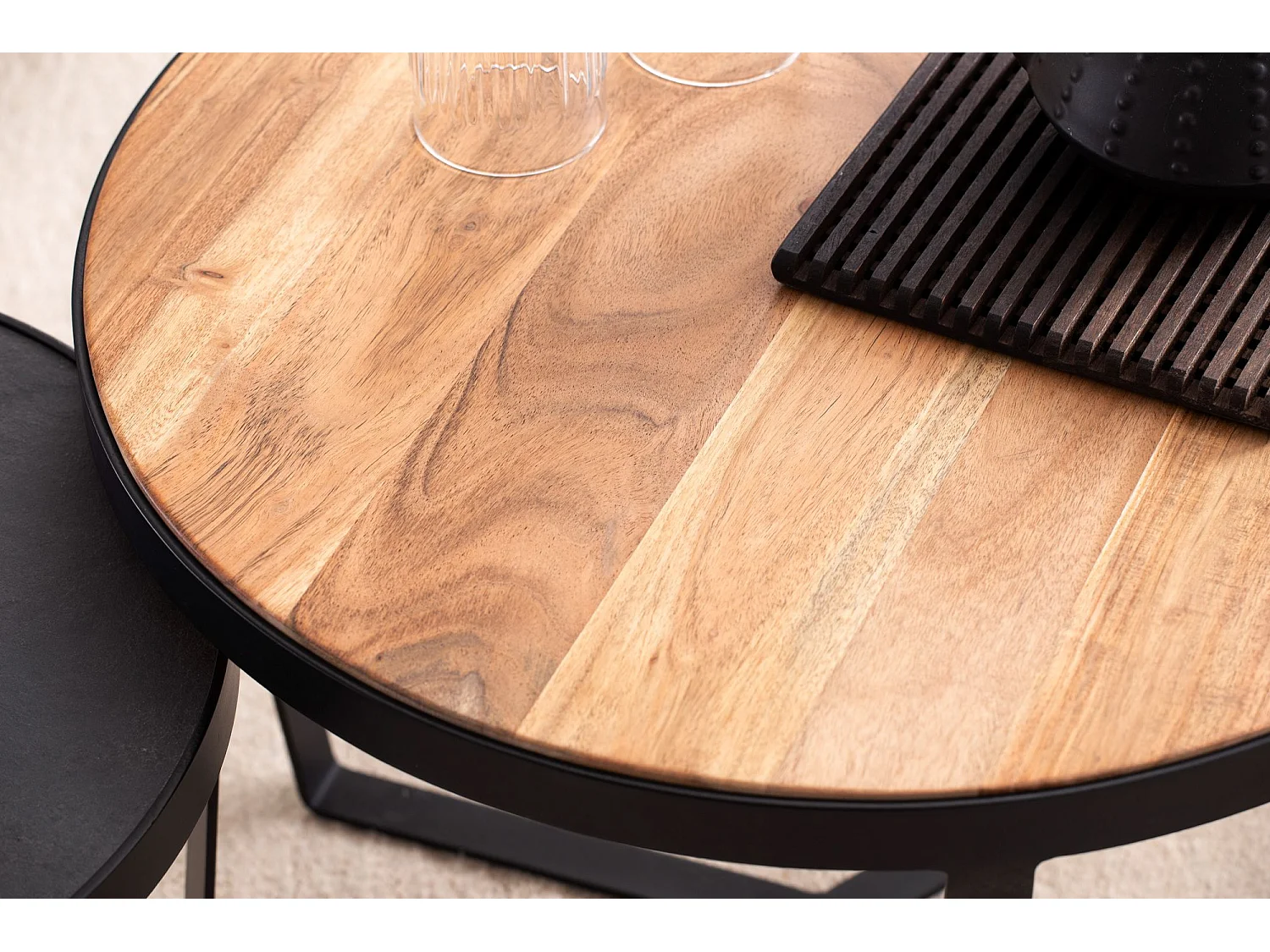 Salontafelset van 2 massief acaciahout / steenlook woonkamertafel rond | Bijzettafel met metalen frame | Salontafel modern | Salontafel nesttafel 2 delen