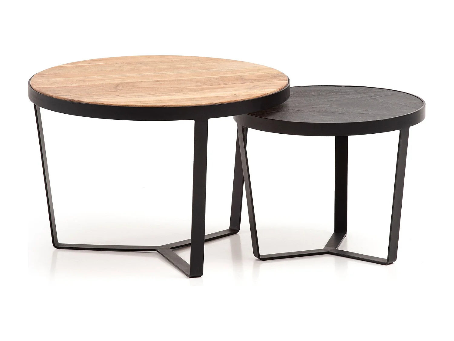Salontafelset van 2 massief acaciahout / steenlook woonkamertafel rond | Bijzettafel met metalen frame | Salontafel modern | Salontafel nesttafel 2 delen