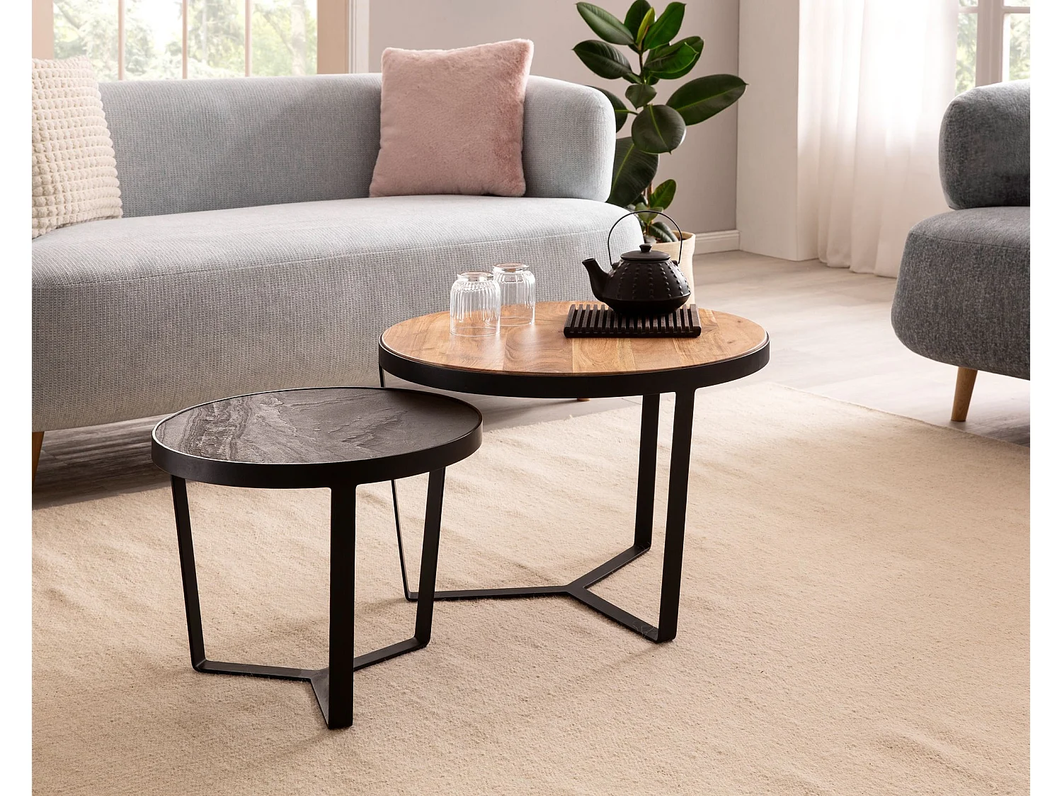 Salontafelset - Massief acaciahout/steenlook - Handgemaakt en modern design