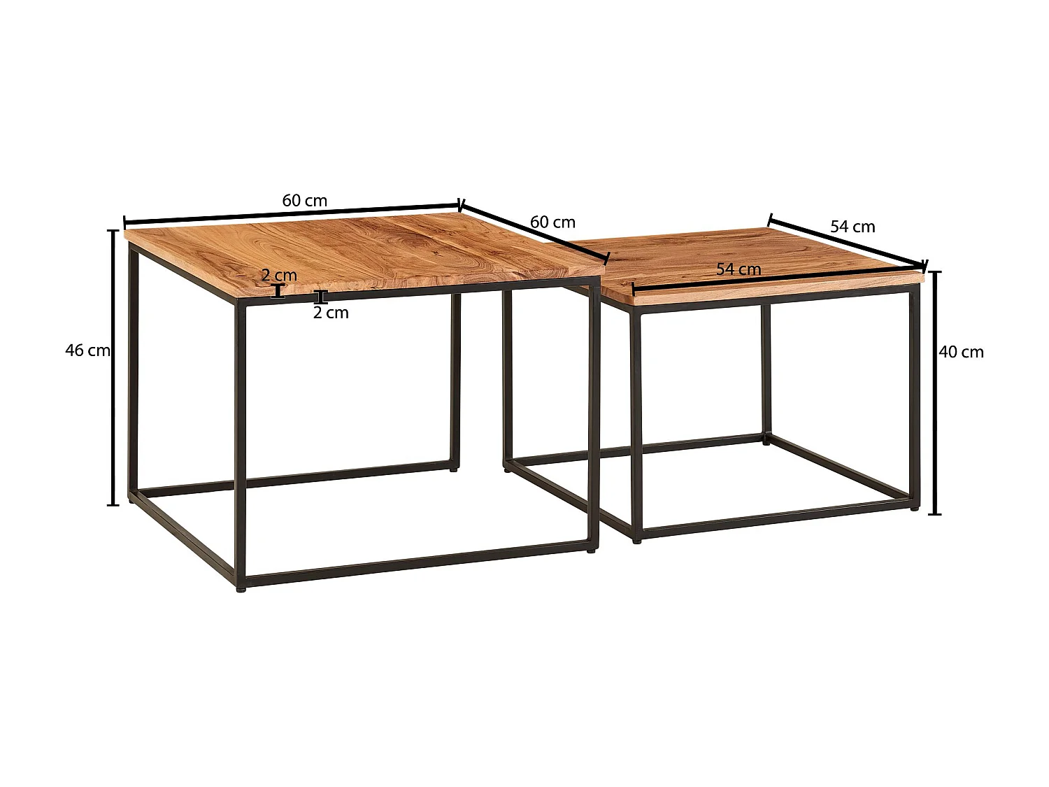 set de 2 tables d'appoint bois massif / métal acacia angulaire | Table basse design avec pieds en