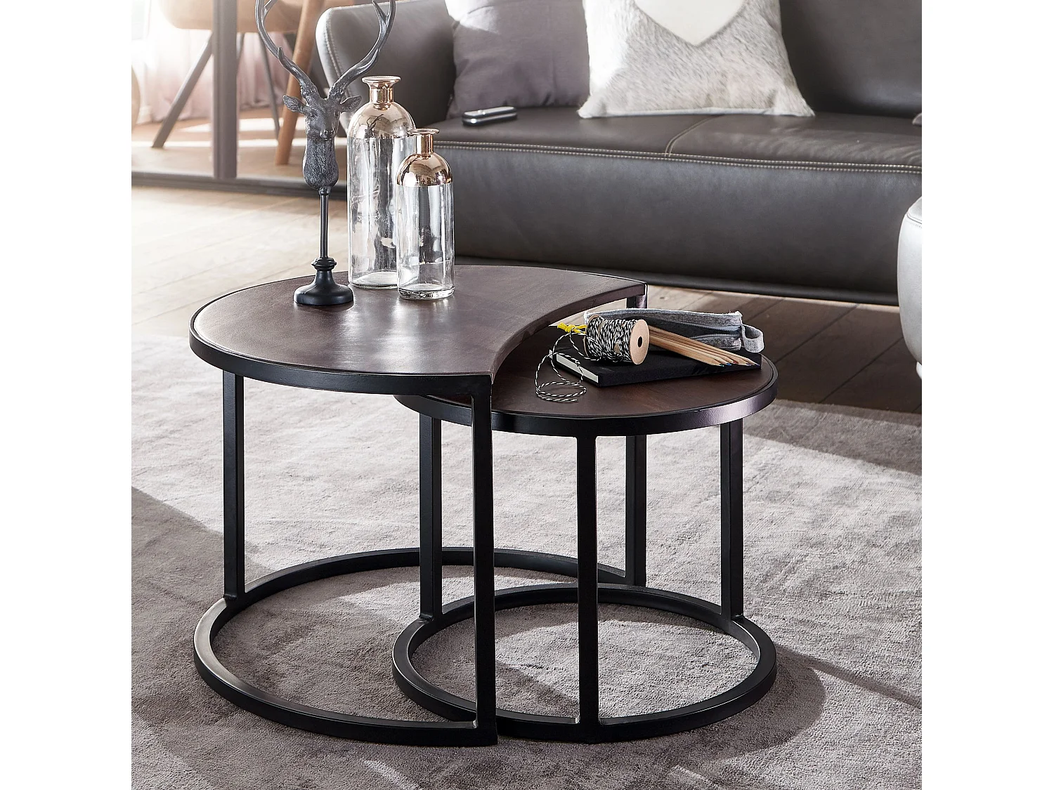 set de 2 tables basses Table de salon en bois massif / métal Mango rond | Table d'appoint