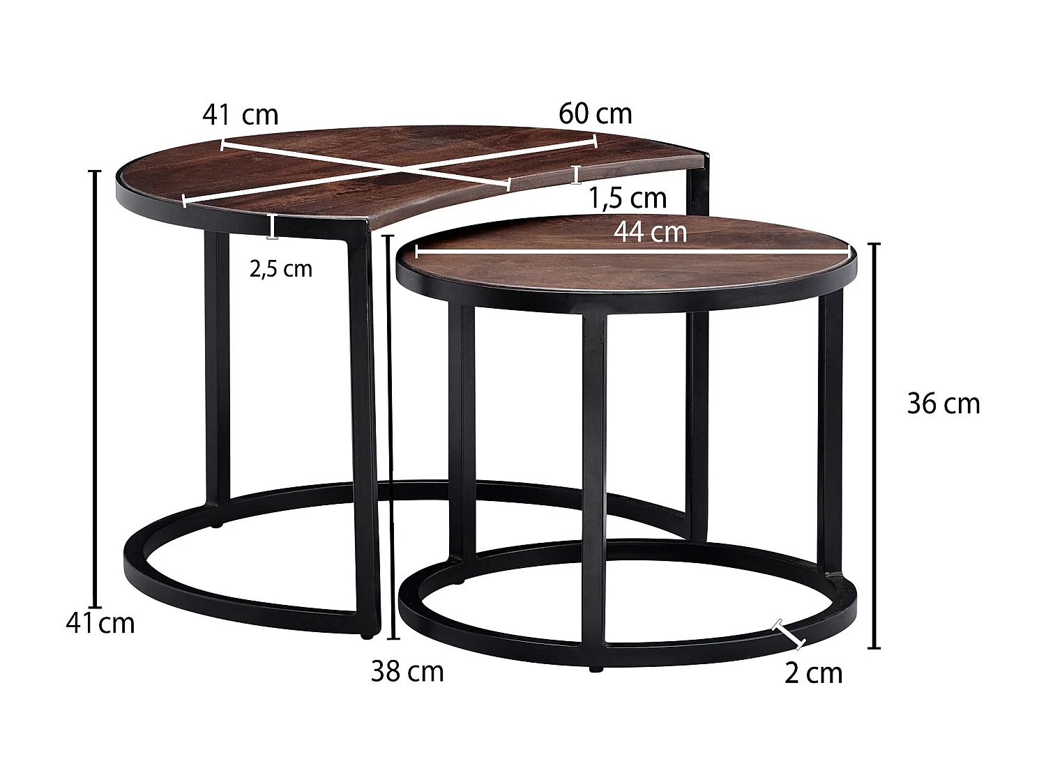 set de 2 tables basses Table de salon en bois massif / métal Mango rond | Table d'appoint