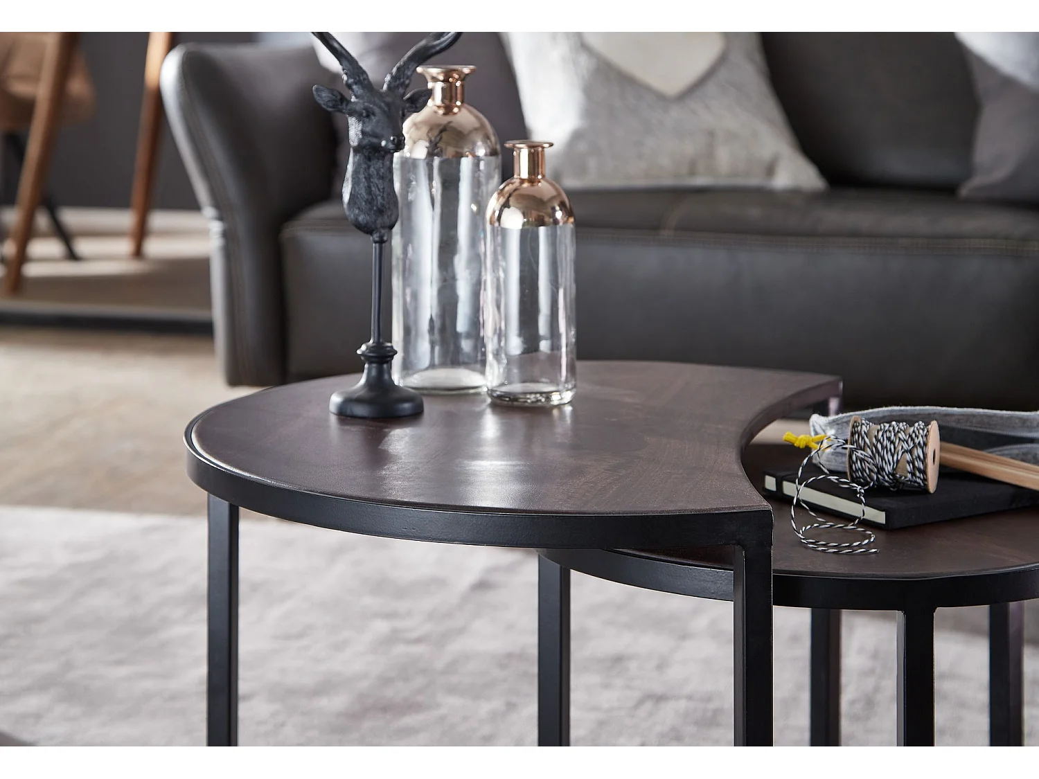 set de 2 tables basses Table de salon en bois massif / métal Mango rond | Table d'appoint