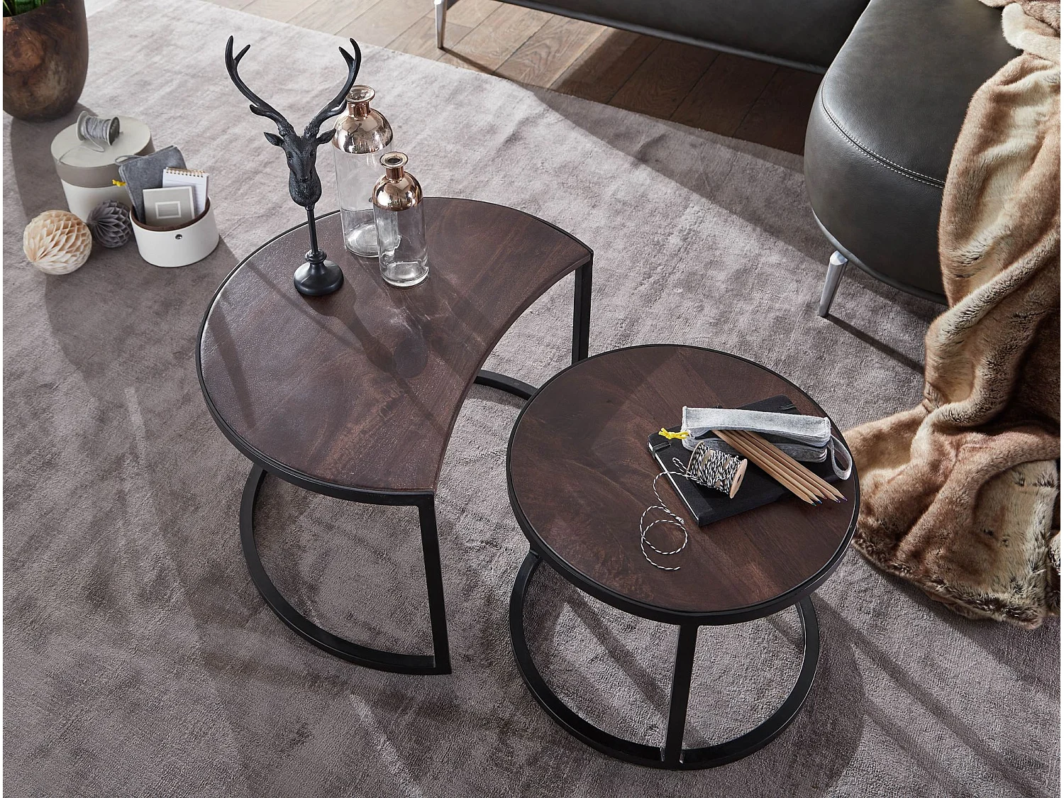 set de 2 tables basses Table de salon en bois massif / métal Mango rond | Table d'appoint