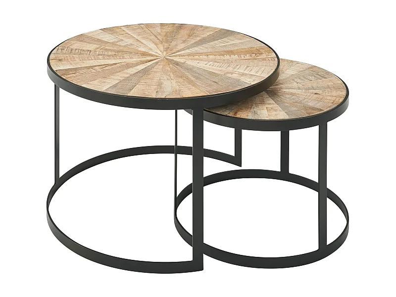 Salontafel set van 2 salontafel in massief hout / industrieel rond metaal | Bijzettafel met zwarte metalen poten | 2-delige houten bijzettafel