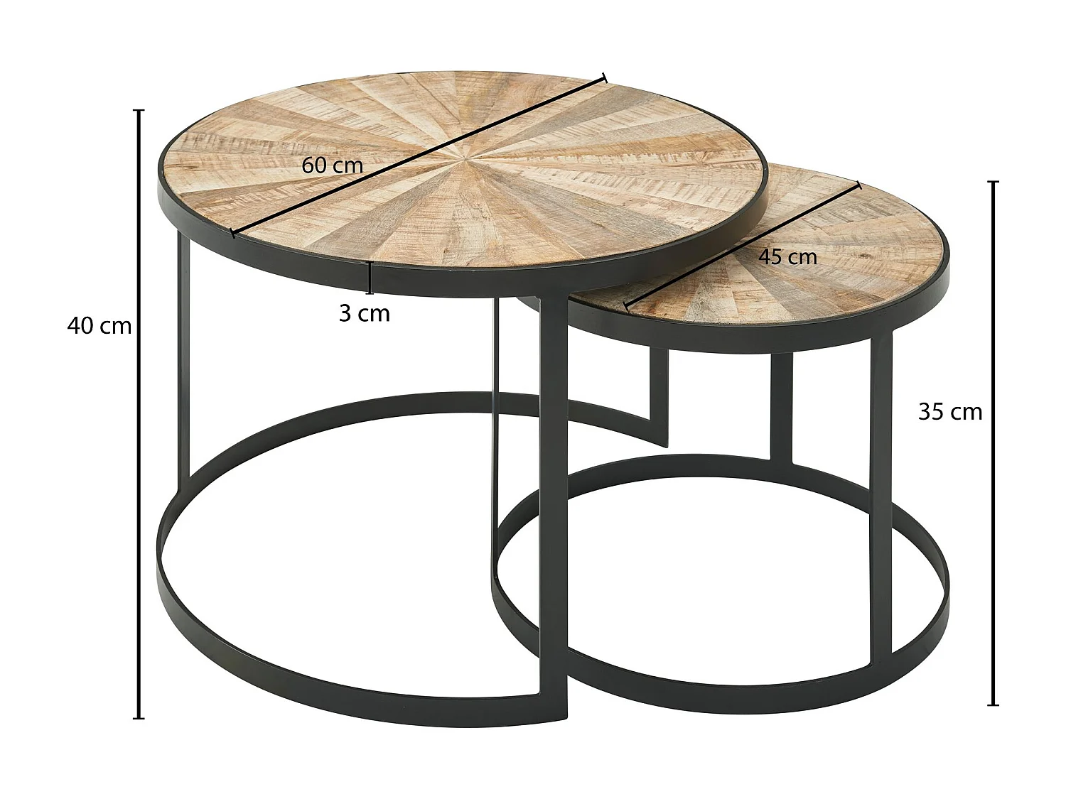 design salontafel set van 2 mango massief houten bijzettafels rond | Salontafel met metalen poten bruin | Placemat 2-delige nesttafel hout / metaal zwart