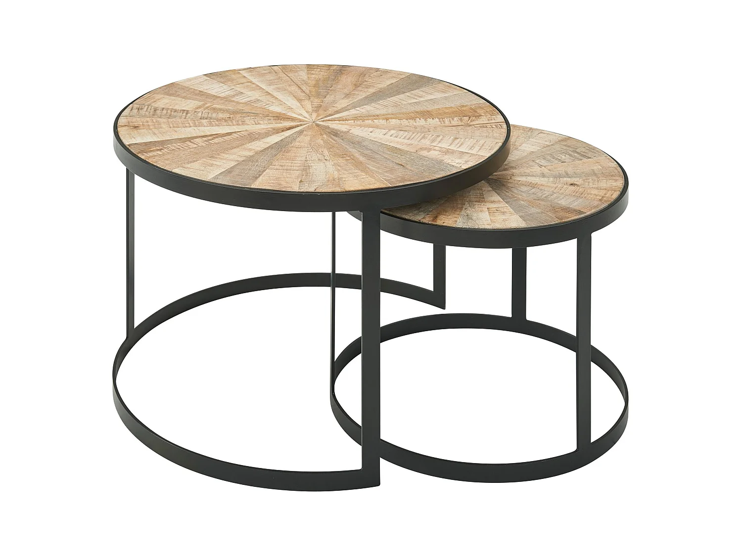 design salontafel set van 2 mango massief houten bijzettafels rond | Salontafel met metalen poten bruin | Placemat 2-delige nesttafel hout / metaal zwart