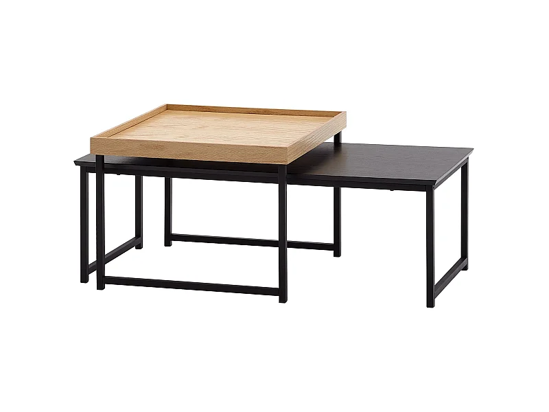 set de 2 table basse bois / métal table basse carrée chêne moderne | Table d'appoint en 2 parties