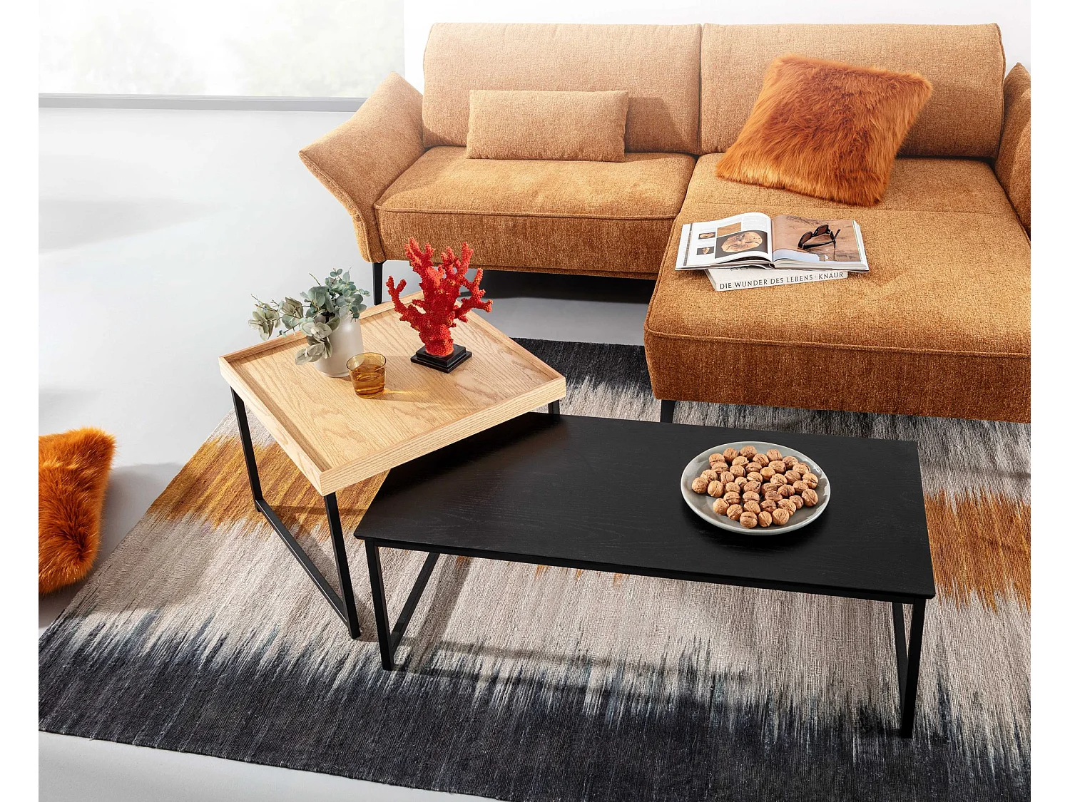 set de 2 table basse bois / métal table basse carrée chêne moderne | Table d'appoint en 2 parties