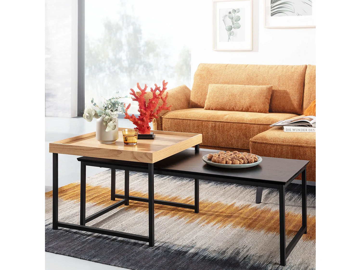 set de 2 table basse bois / métal table basse carrée chêne moderne | Table d'appoint en 2 parties