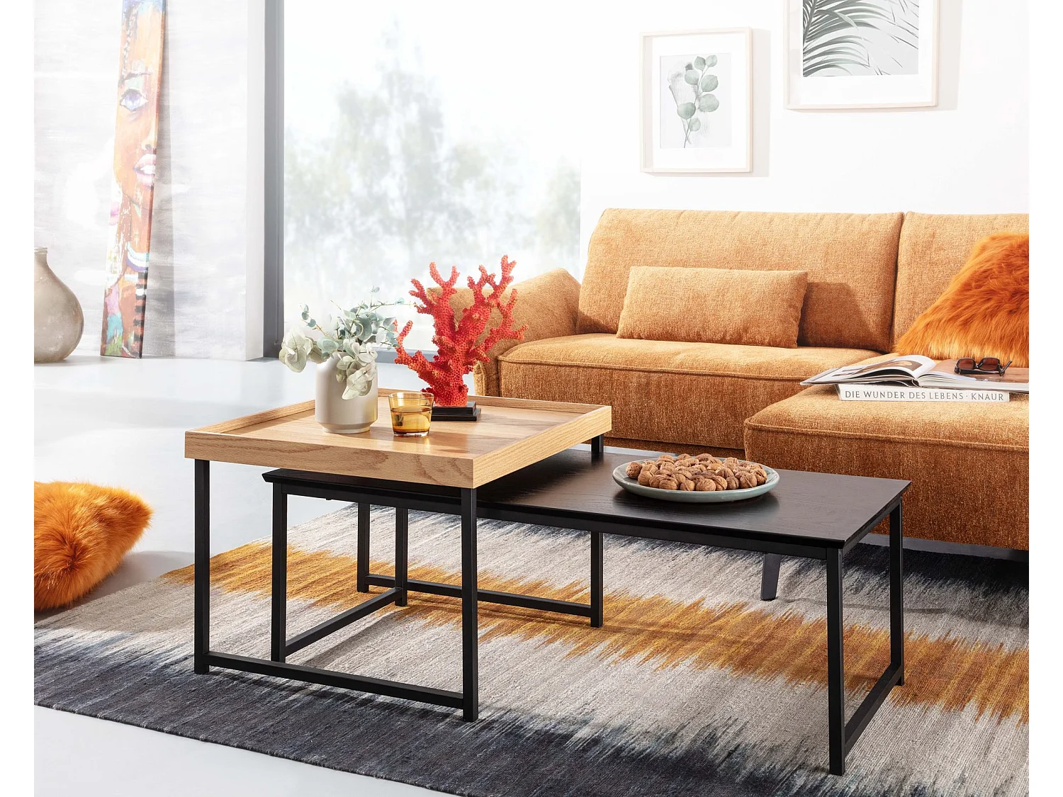 set de 2 table basse bois / métal table basse carrée chêne moderne | Table d'appoint en 2 parties