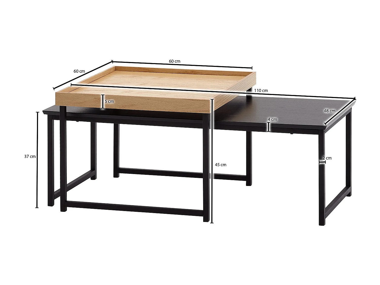 set de 2 table basse bois / métal table basse carrée chêne moderne | Table d'appoint en 2 parties