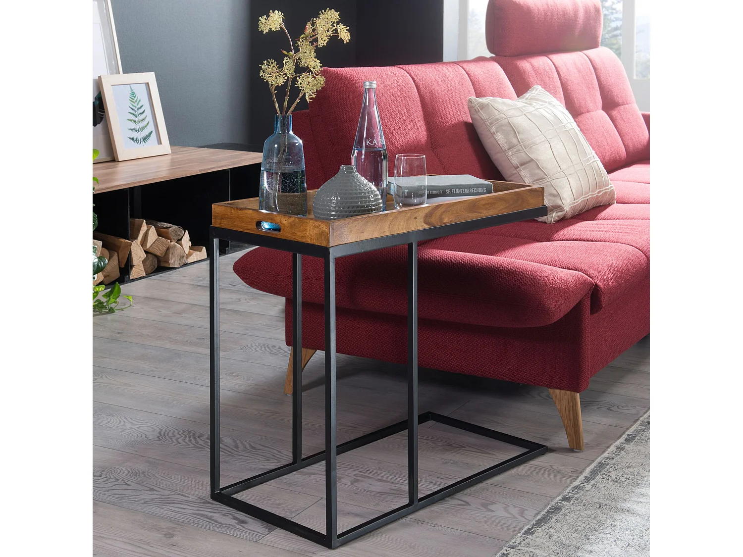 table d'appoint WL5.667 bois de Sheesham 70x65x34 cm avec structure en métal | Design Table Tray