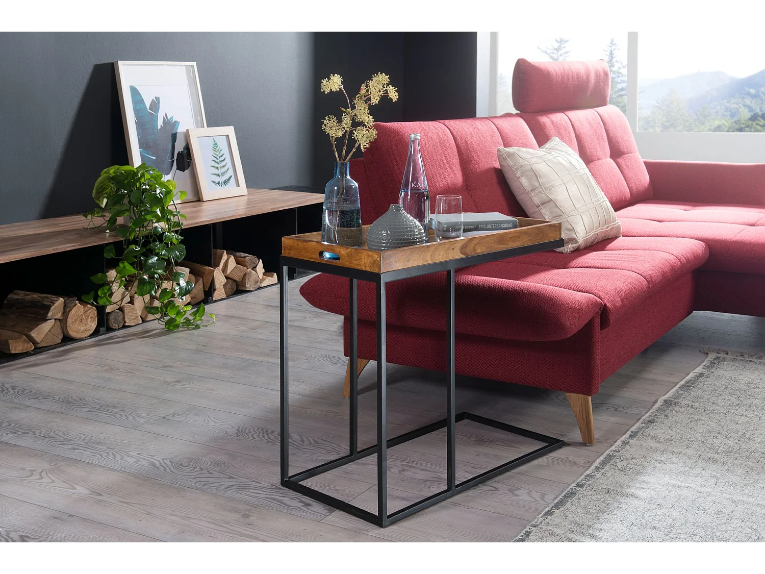 table d'appoint WL5.667 bois de Sheesham 70x65x34 cm avec structure en métal | Design Table Tray