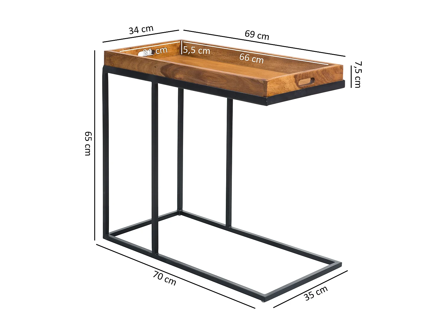 table d'appoint WL5.667 bois de Sheesham 70x65x34 cm avec structure en métal | Design Table Tray