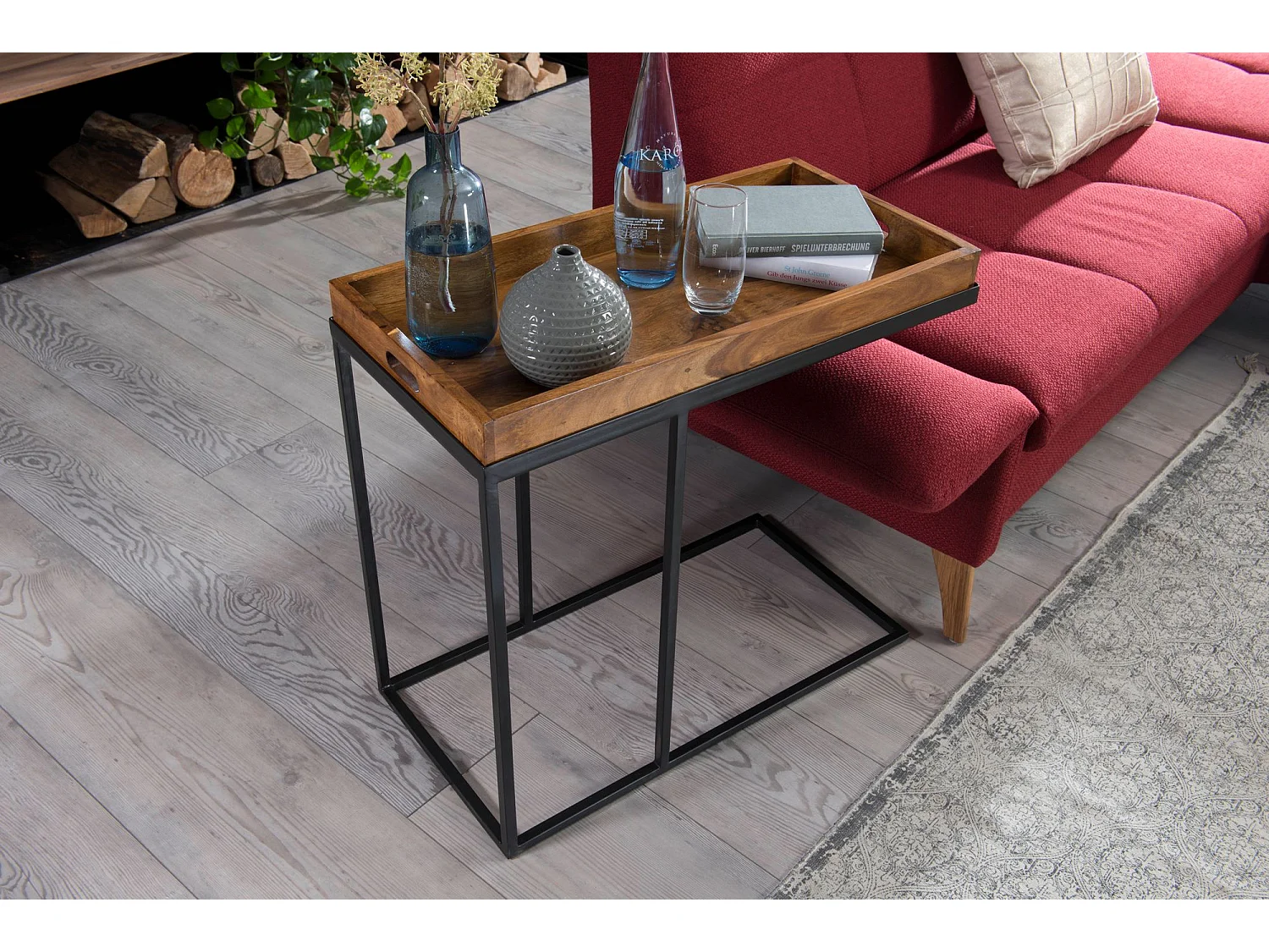 table d'appoint WL5.667 bois de Sheesham 70x65x34 cm avec structure en métal | Design Table Tray