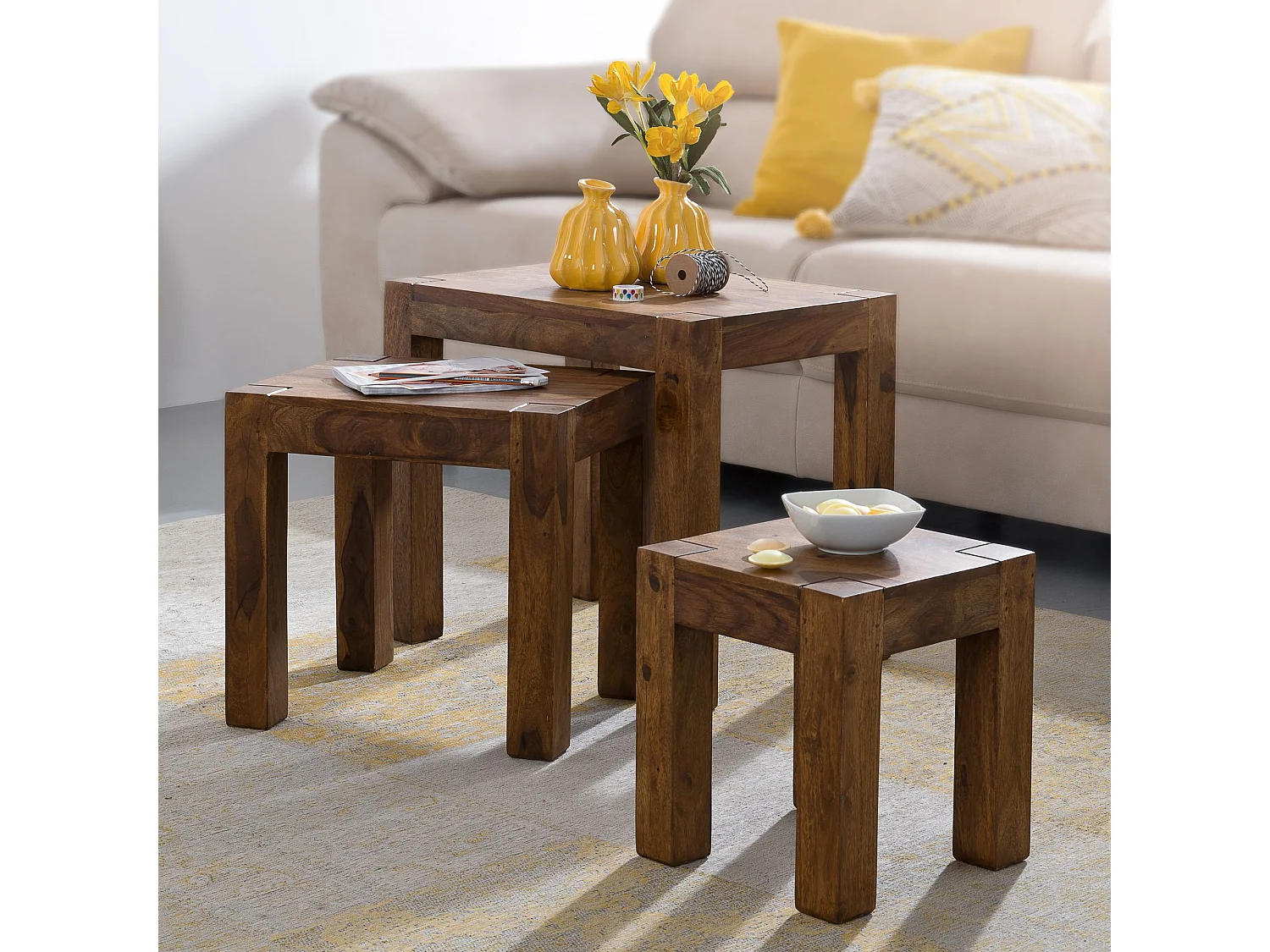 set van 3 bijzettafels massief hout Sheesham woonkamertafel landelijke stijl bijzettafel donkerbruin natuurlijk hout