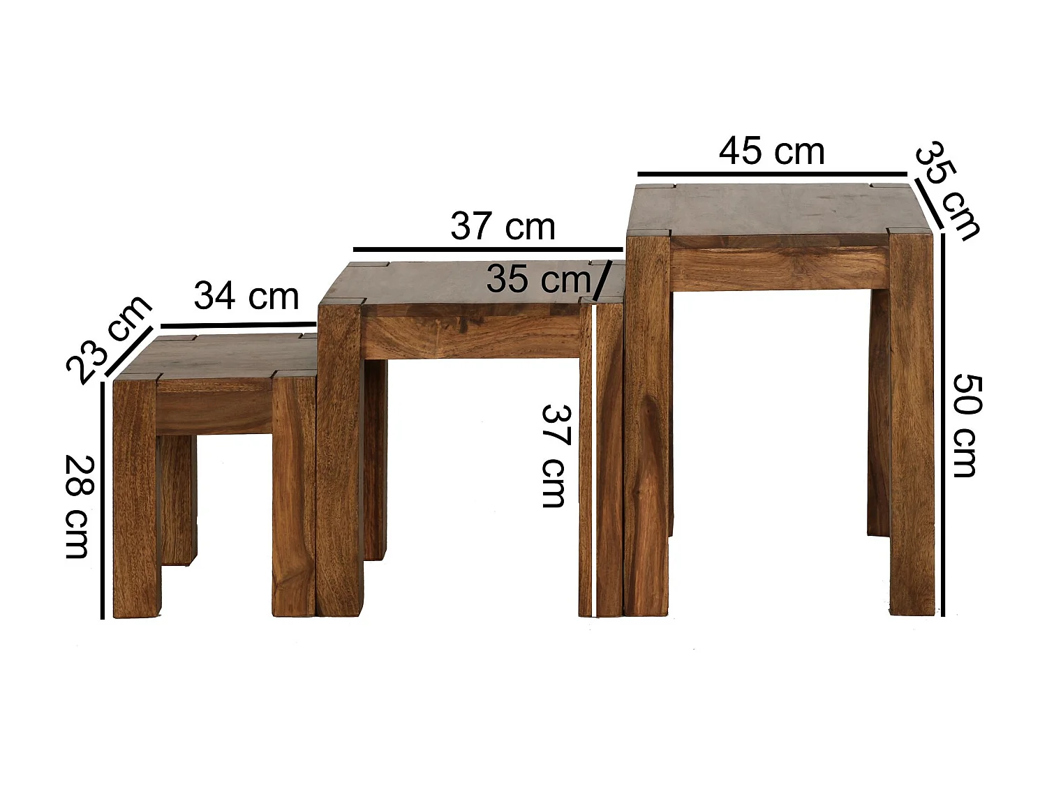 set van 3 bijzettafels massief hout Sheesham woonkamertafel landelijke stijl bijzettafel donkerbruin natuurlijk hout