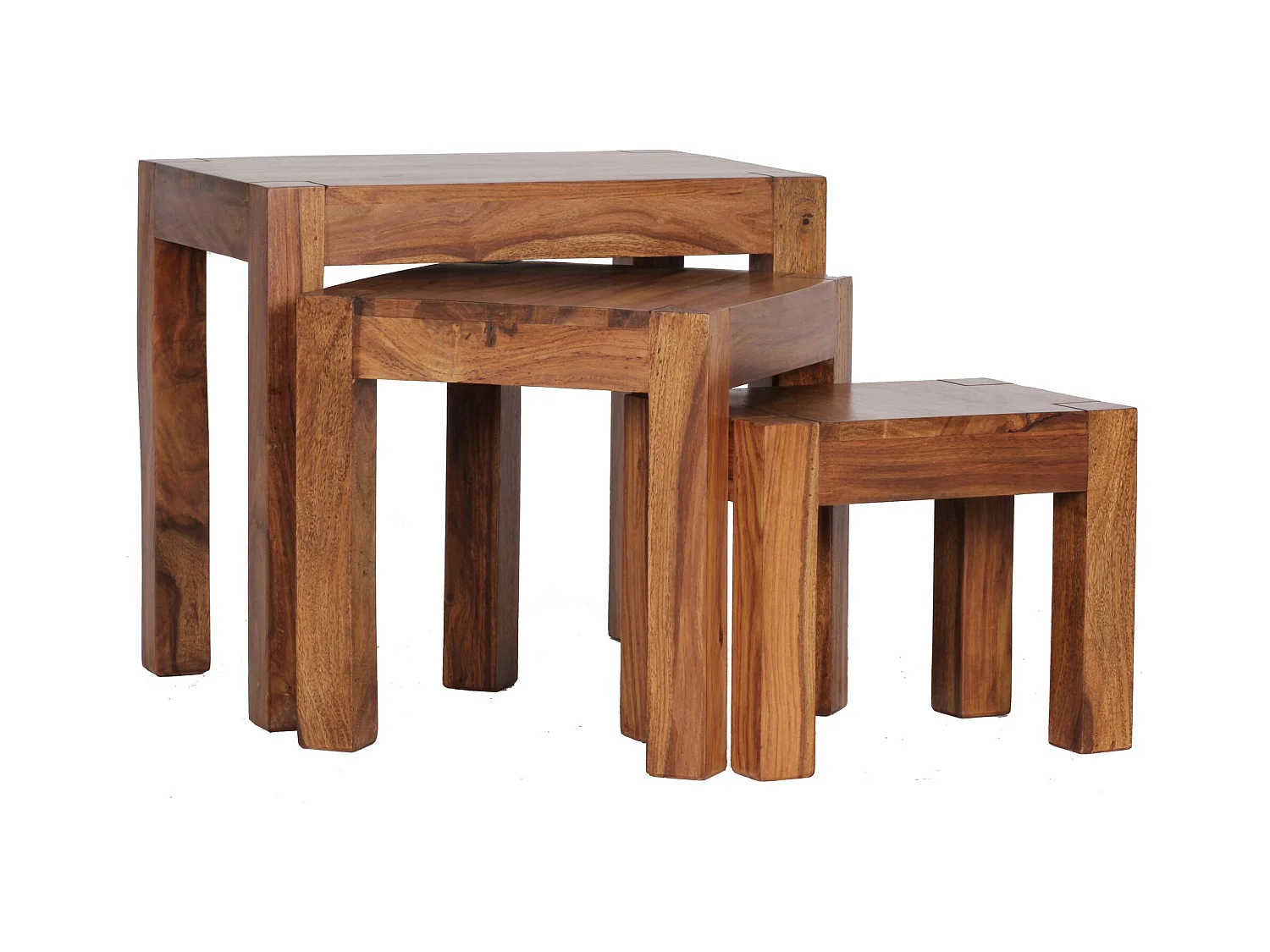 set van 3 bijzettafels massief hout Sheesham woonkamertafel landelijke stijl bijzettafel donkerbruin natuurlijk hout