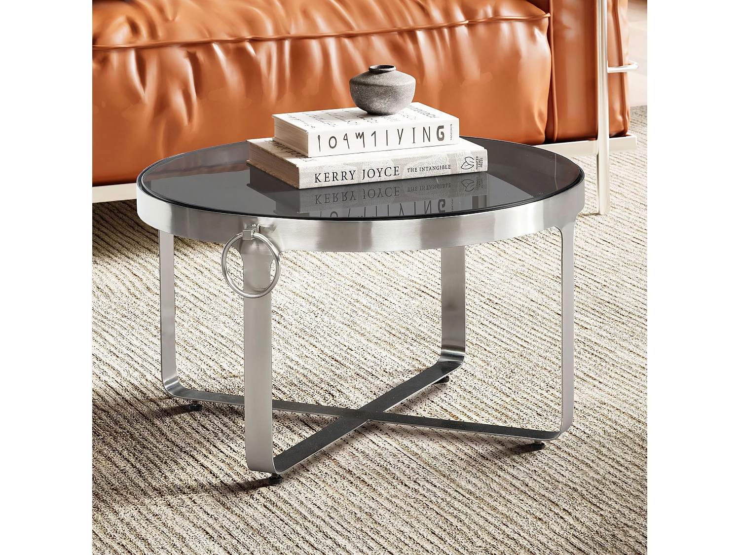 Couchtisch Glas Metall 60x60x34 cm Sofatisch Silber, Design Wohnzimmertisch Rund mit Griffen,