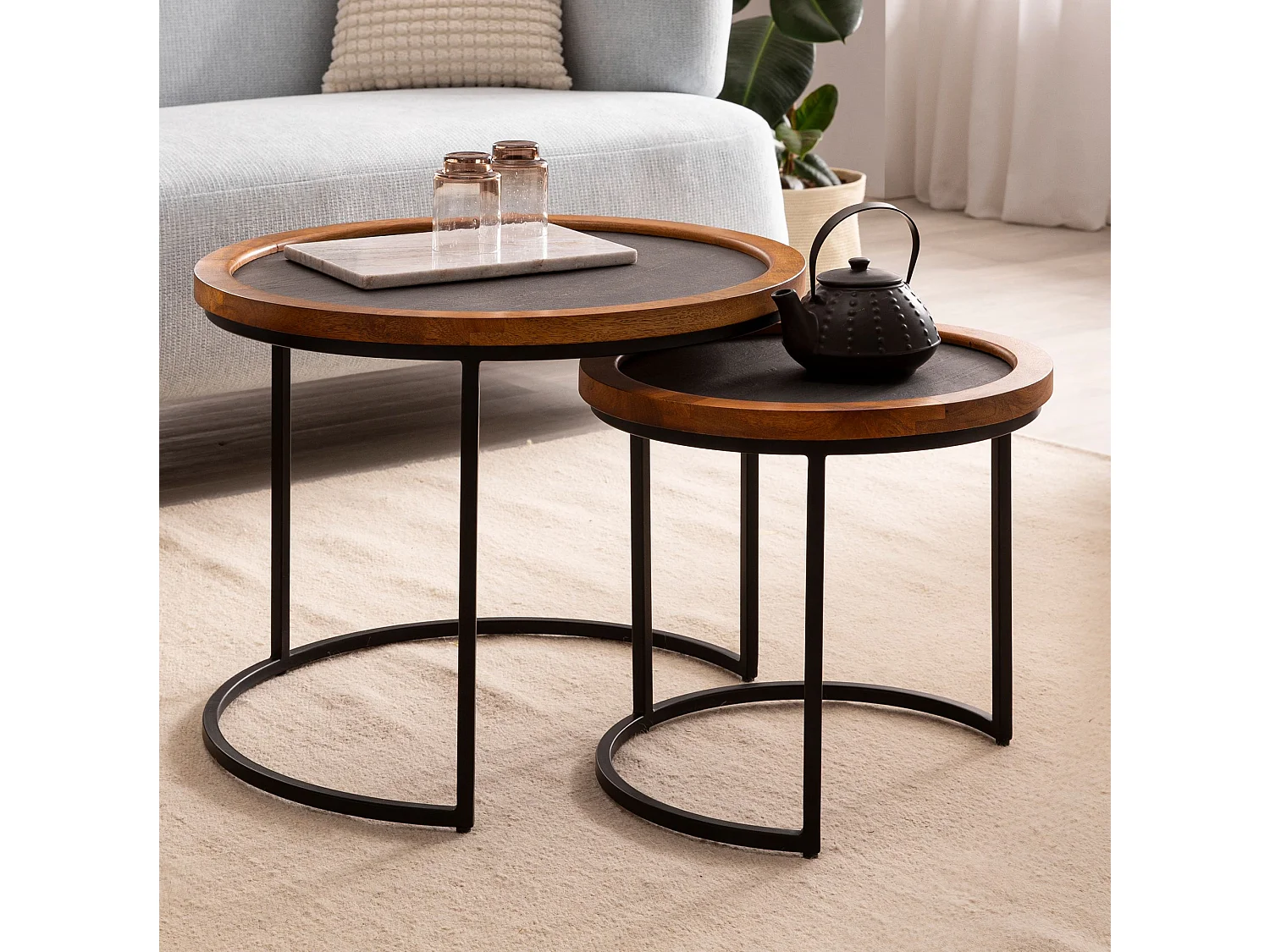 Salontafel Set van 2 - Mango Hout en MDF - Modern met Steenlook