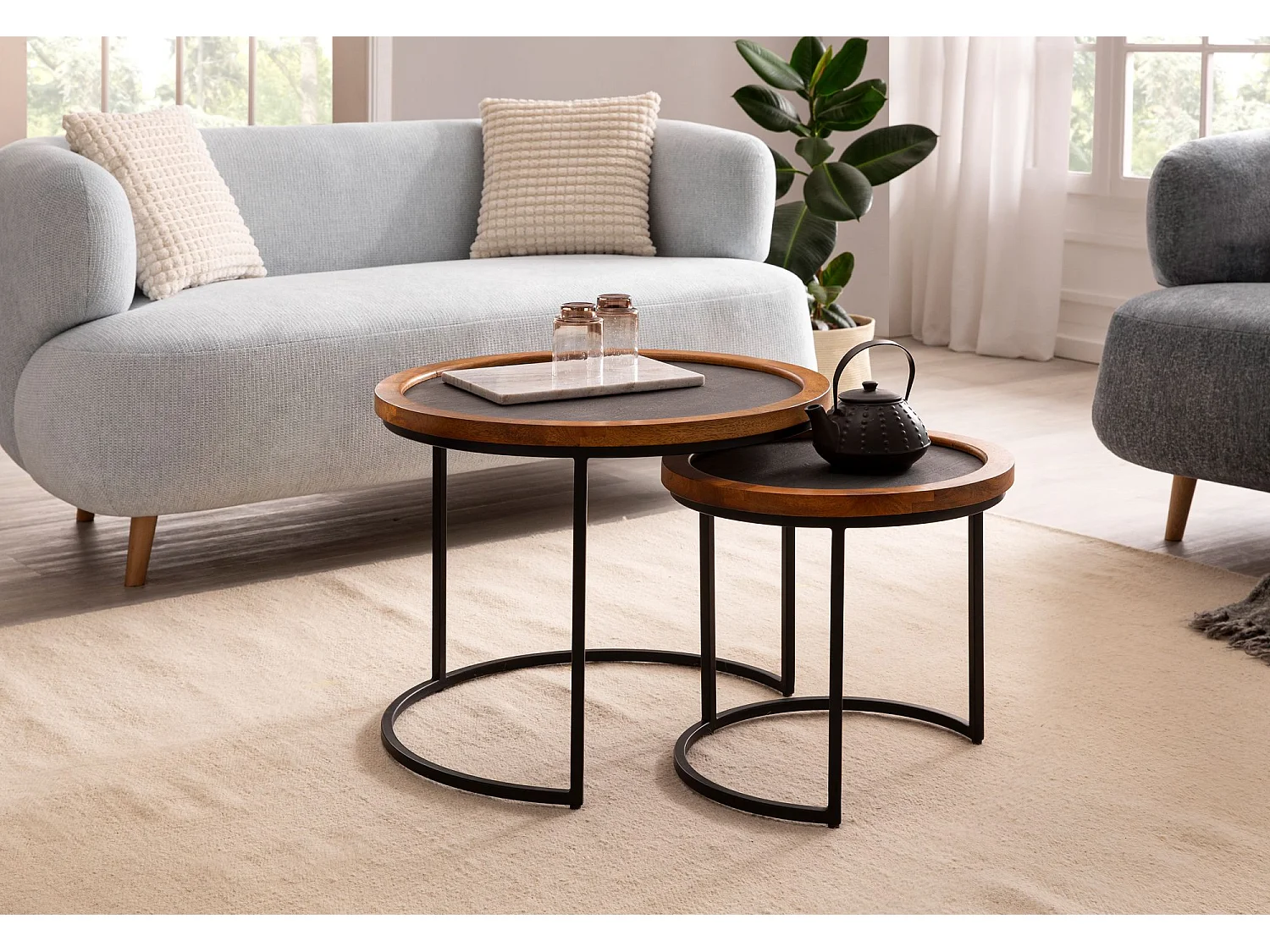 Salontafel Set van 2 - Mango Hout en MDF - Modern met Steenlook