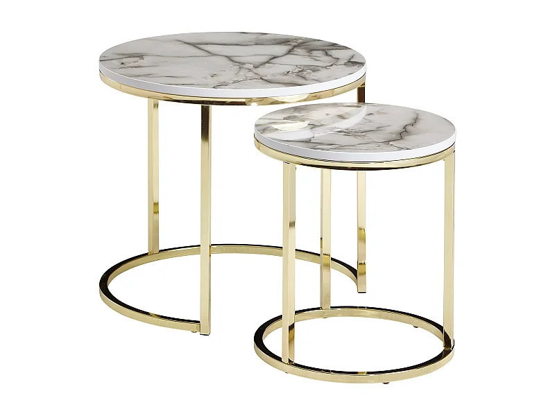 design bijzettafel set van 2 wit marmer look rond | Salontafel 2-delig tafelframe metaal goud | Kleine salontafels | Moderne nesttafels