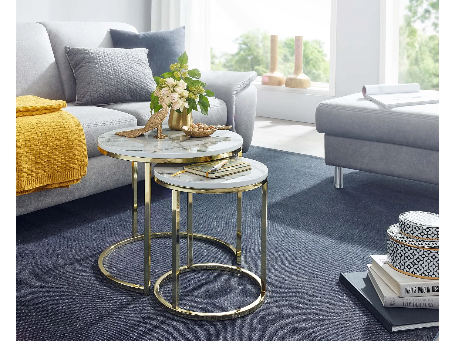 de 2 tables d' design aspect marbre blanc rond | Table basse Table en 2 parties structure métal