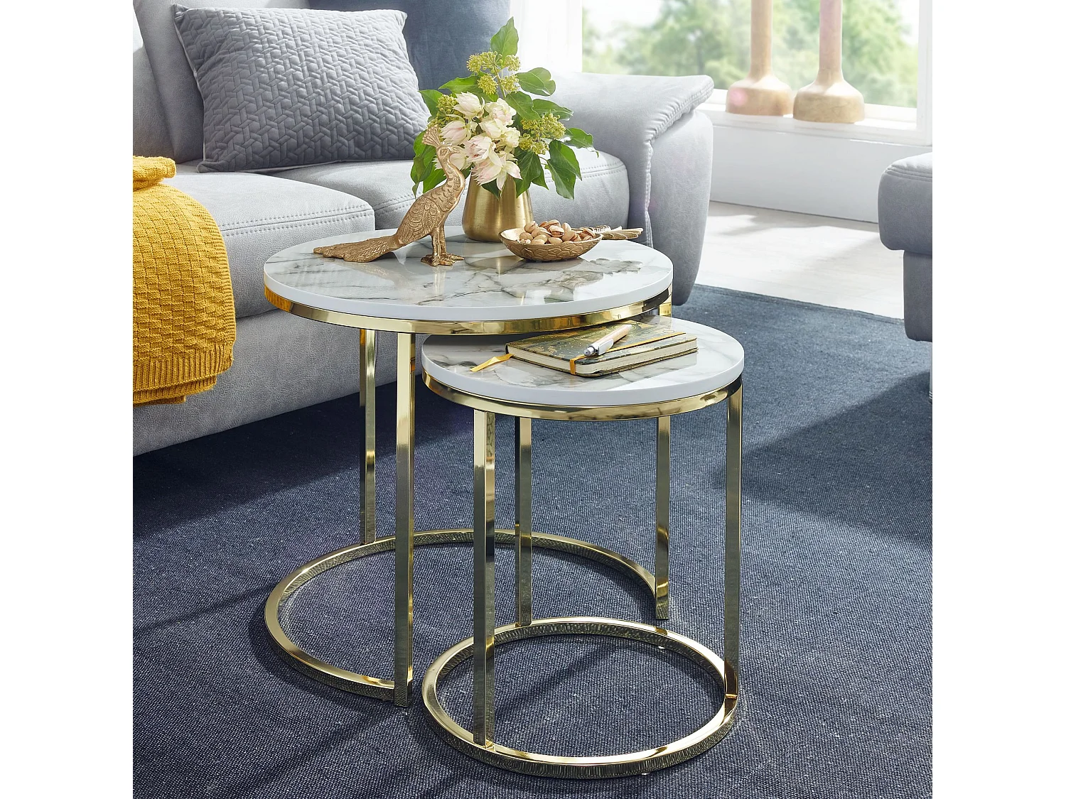 de 2 tables d' design aspect marbre blanc rond | Table basse Table en 2 parties structure métal
