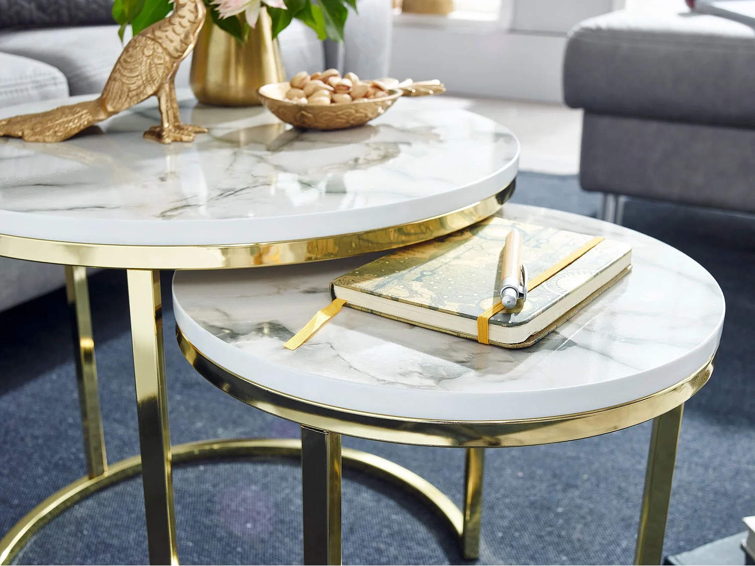 de 2 tables d' design aspect marbre blanc rond | Table basse Table en 2 parties structure métal