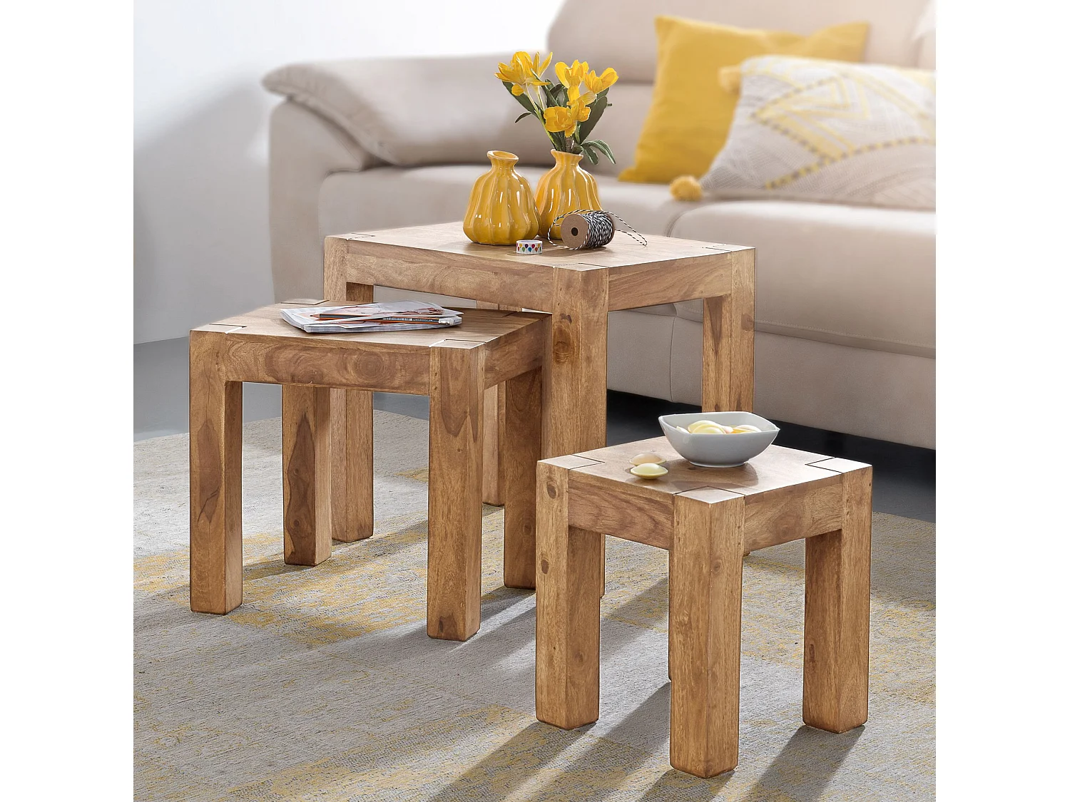 ensemble de 3 tables gigognes MUMBAI table de salon en bois massif d'acacia table d'appoint de