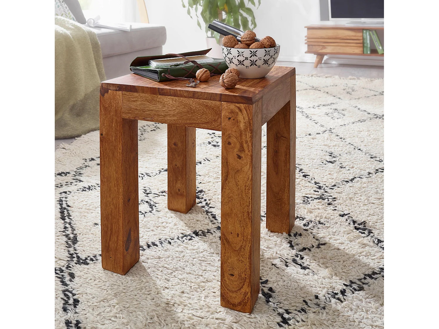 bijzettafel MUMBAI massief houten sheesham 35 x 35 cm woonkamertafel design donkerbruine salontafel in landelijke stijl