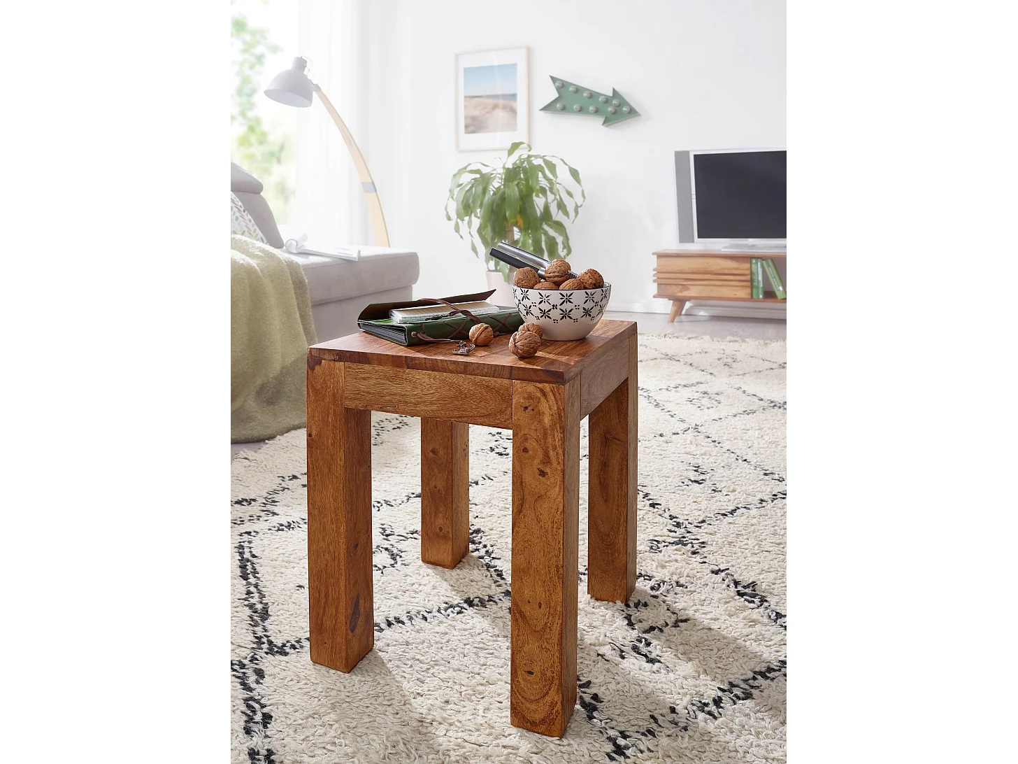 bijzettafel MUMBAI massief houten sheesham 35 x 35 cm woonkamertafel design donkerbruine salontafel in landelijke stijl