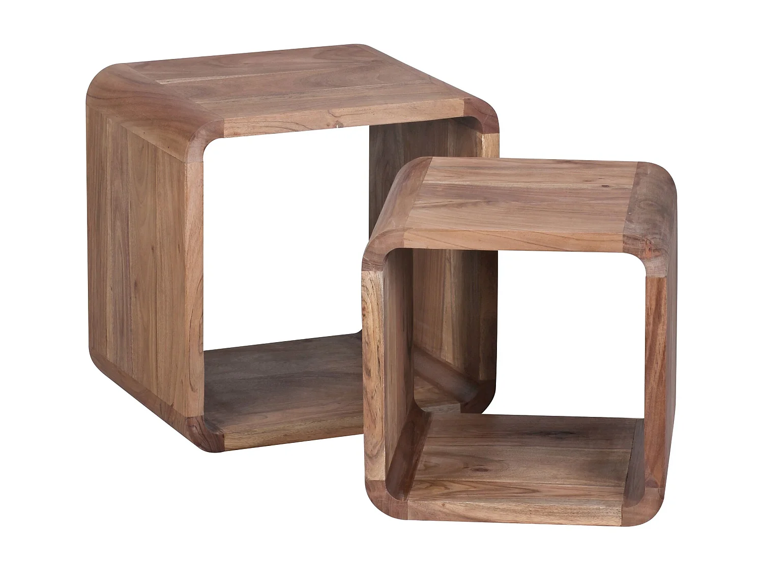 2er Set Satztisch BOHA Massivholz Design Couchtisch Akazie 2 Tische, Würfelregal-Set Braun,