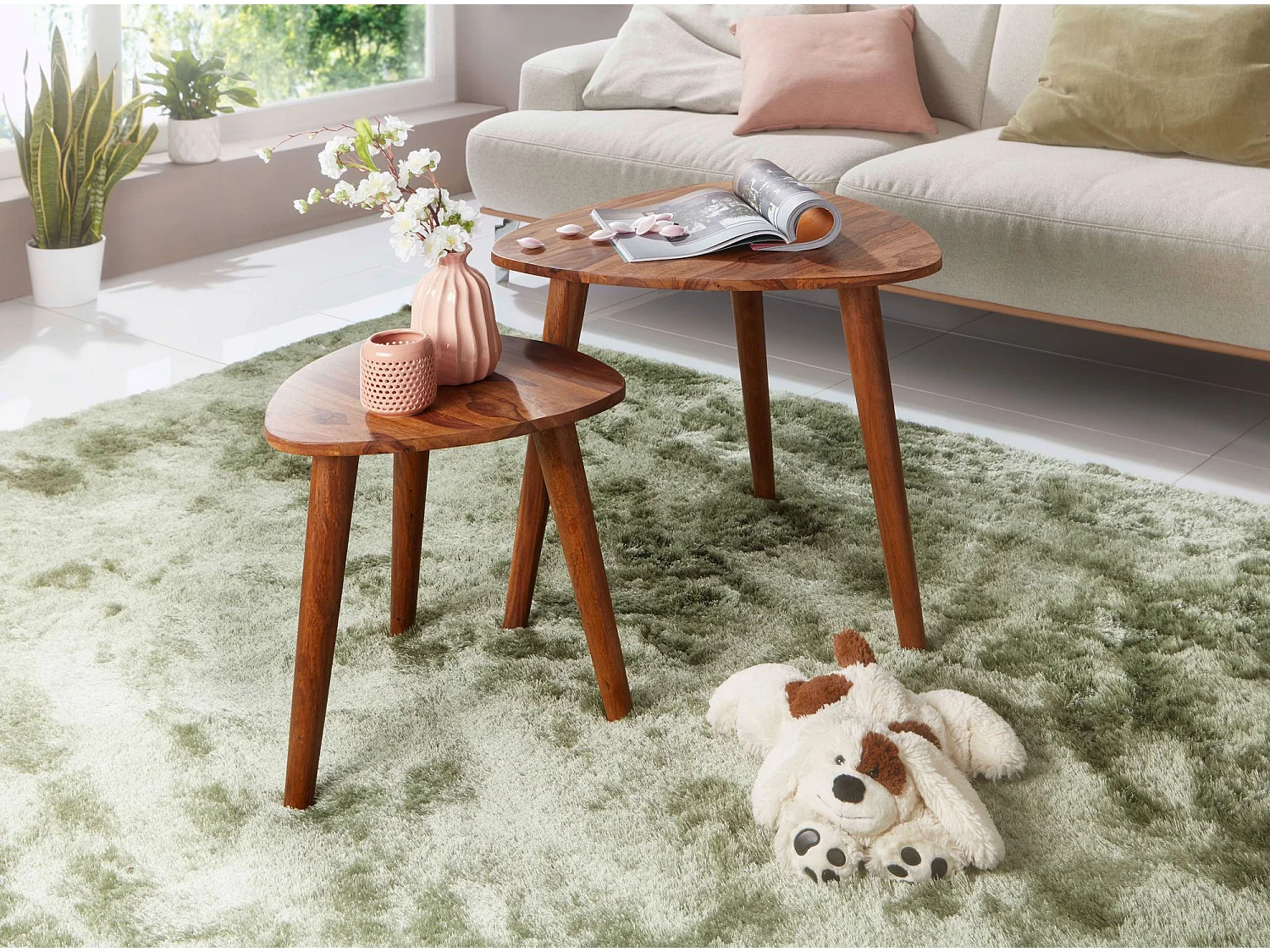 Design Satztisch WL5.574 Sheesham Massivholz Beistelltisch 2er Set Klein, Couchtisch Set 2 Holz