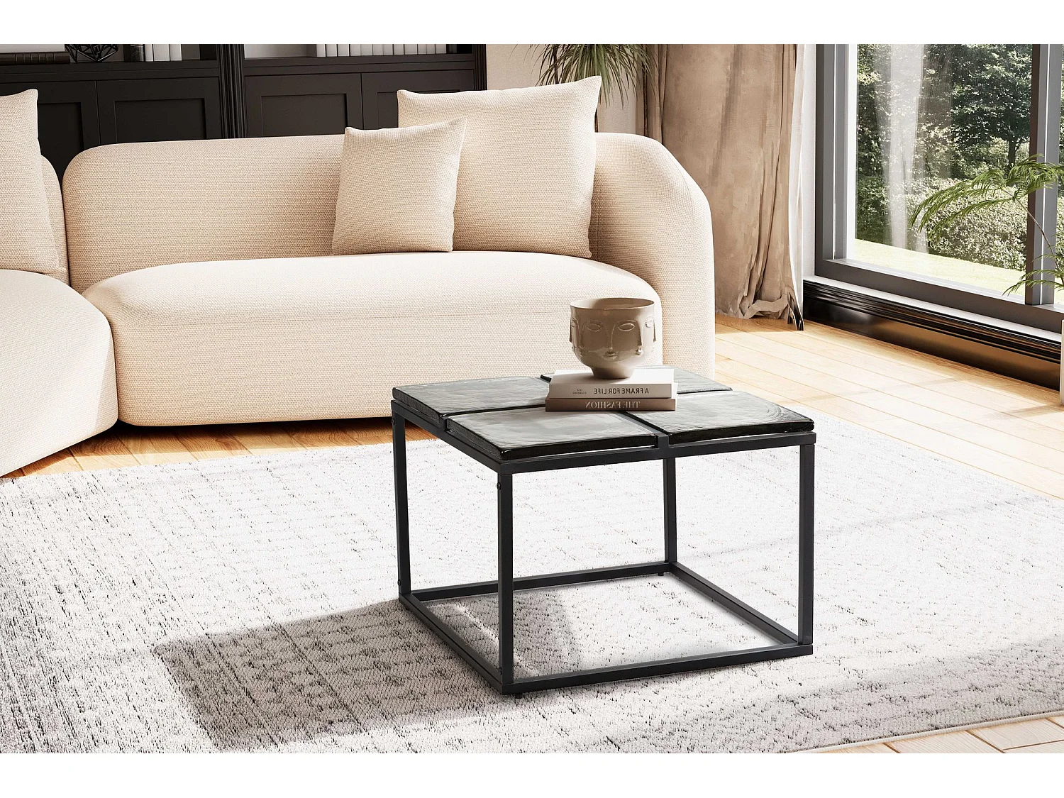 Couchtisch Glas Metall 58x58x43,5 cm Sofatisch Schwarz, Design Wohnzimmertisch Quadratisch,