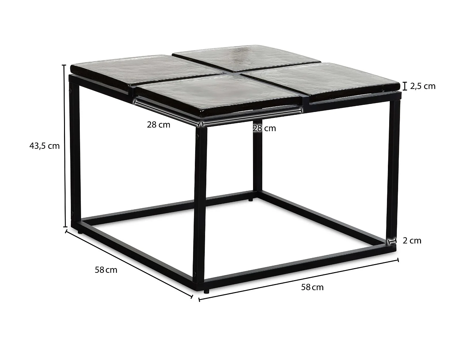 Couchtisch Glas Metall 58x58x43,5 cm Sofatisch Schwarz, Design Wohnzimmertisch Quadratisch,