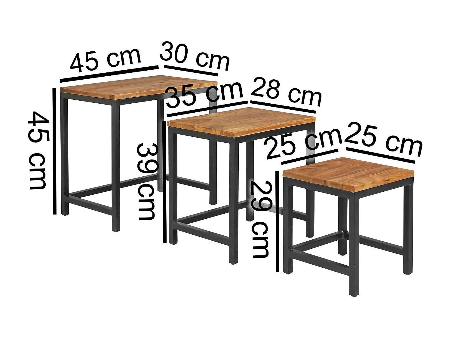 Set van 3 Design tafels Akola Sheesham bijzettafeltjes metalen poten | Placemat 3 stuks van materialen | Anstelltische massief hout