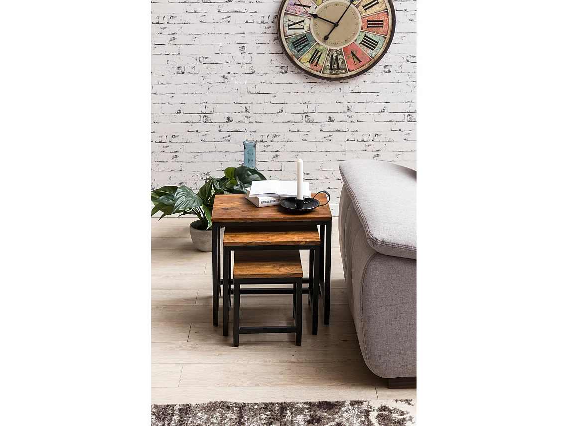 3er Set Design Beistelltisch AKOLA Sheesham Satztisch Metallbeine, Tischset 3 teilig Materialmix,