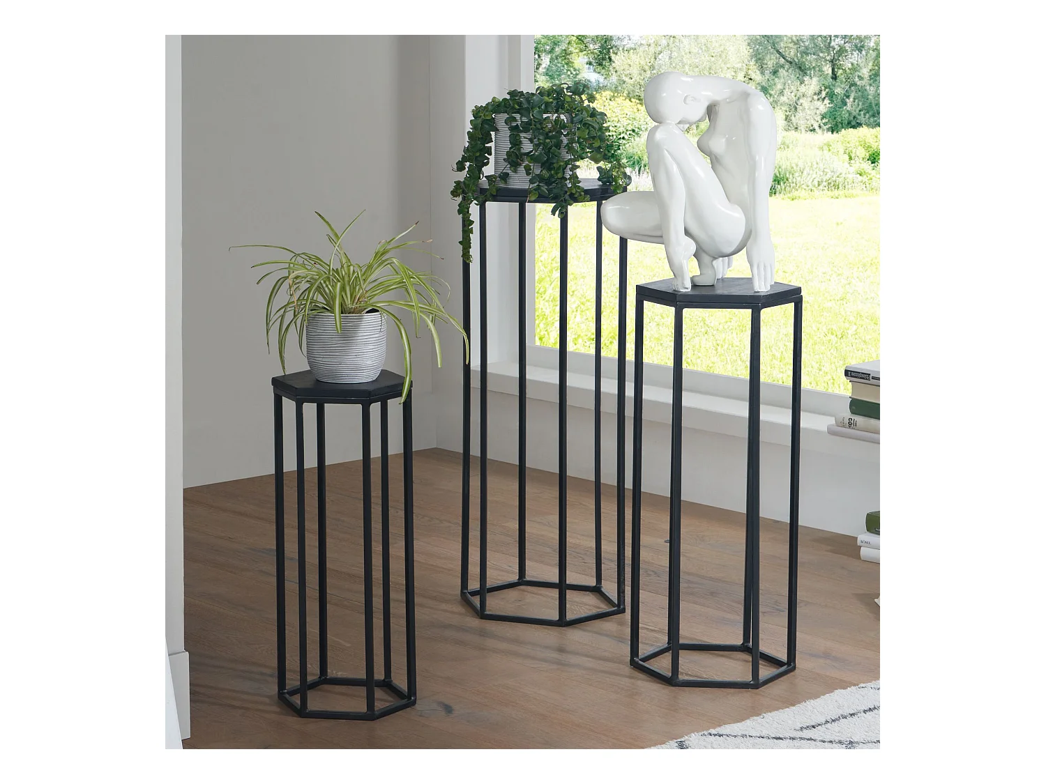 Tables Gigognes Ensemble Trois Pièces Mango Bois Massif et Métal | Set de Table d'appoint Lot de 3 Table de Salon Noir | Table Basse Hexagonale Moderne