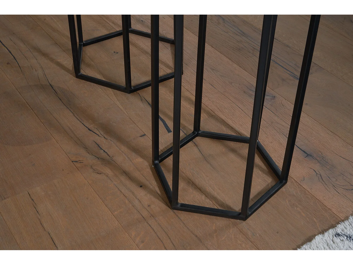 Tables Gigognes Ensemble Trois Pièces Mango Bois Massif et Métal | Set de Table d'appoint Lot de 3 Table de Salon Noir | Table Basse Hexagonale Moderne