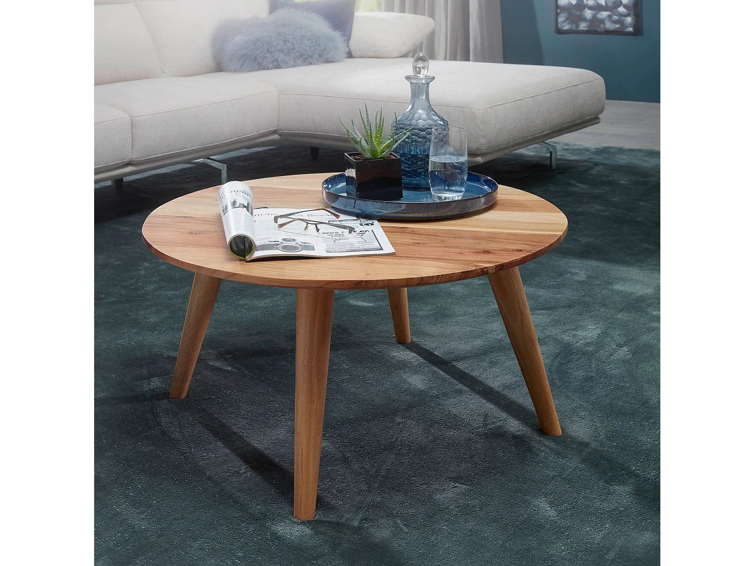 table basse en bois massif acacia | Table de salon ronde Ø75 x 40 cm | Table avec 4 jambes dans un