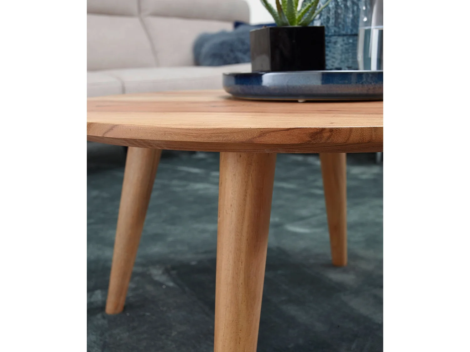 table basse en bois massif acacia | Table de salon ronde Ø75 x 40 cm | Table avec 4 jambes dans un