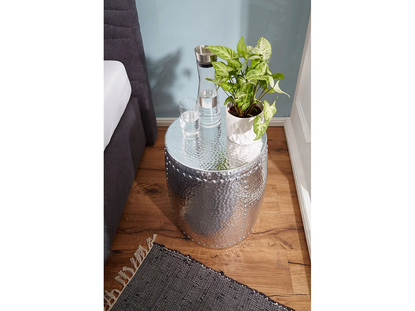 tafel PEDRO 42x49x42cm aluminium zilverkleurige tafel oosterse ronde | Kleine Hammerschlag Abstellisch | Designtafel design metaal modern | Smalle tafel