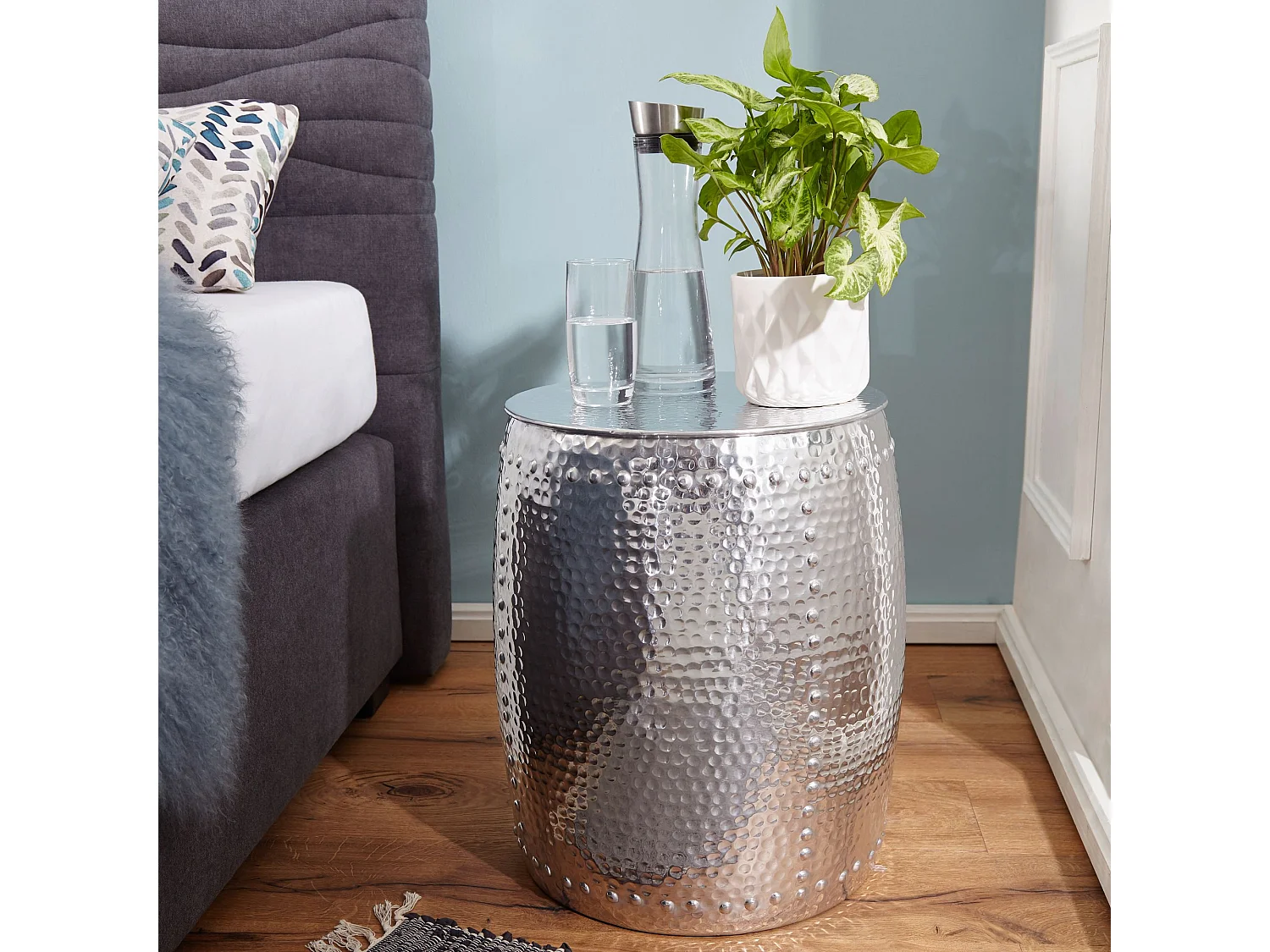 Beistelltisch 42x49x42cm Aluminium Silber Dekotisch orientalisch rund, Kleiner Hammerschlag