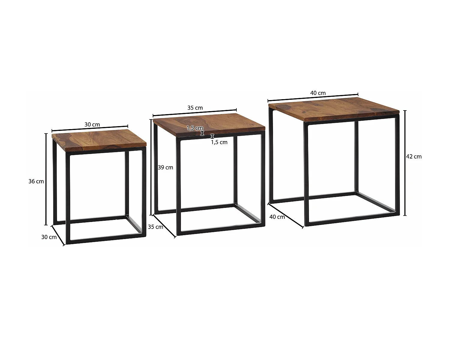 Juego de 3 mesas nido Sheesham madera maciza / metal mesa auxiliar cuadrada