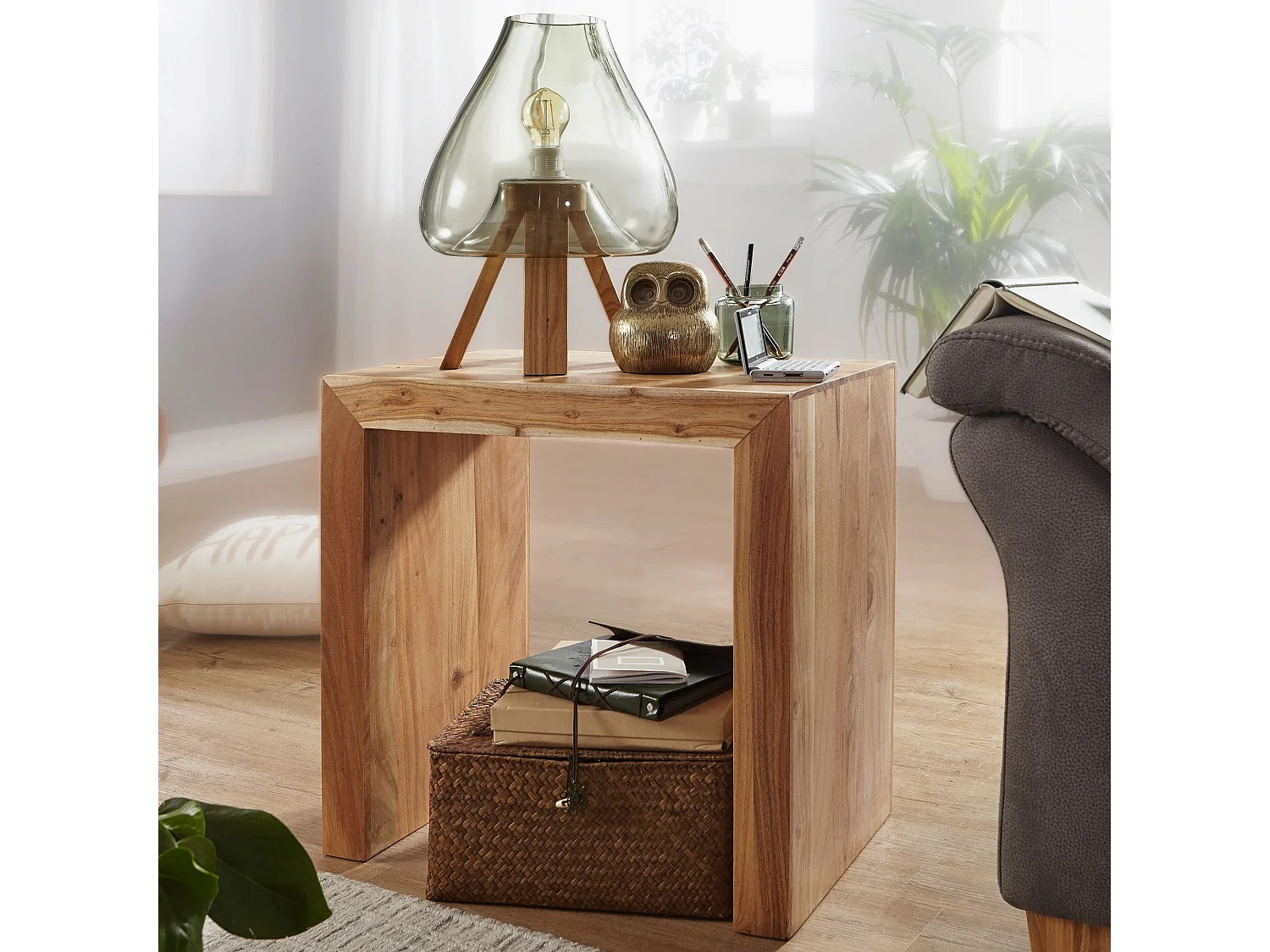 bijzettafel MUMBAI massief houten acacia 60 x 35 cm woonkamertafel design donkerbruine salontafel in landelijke stijl